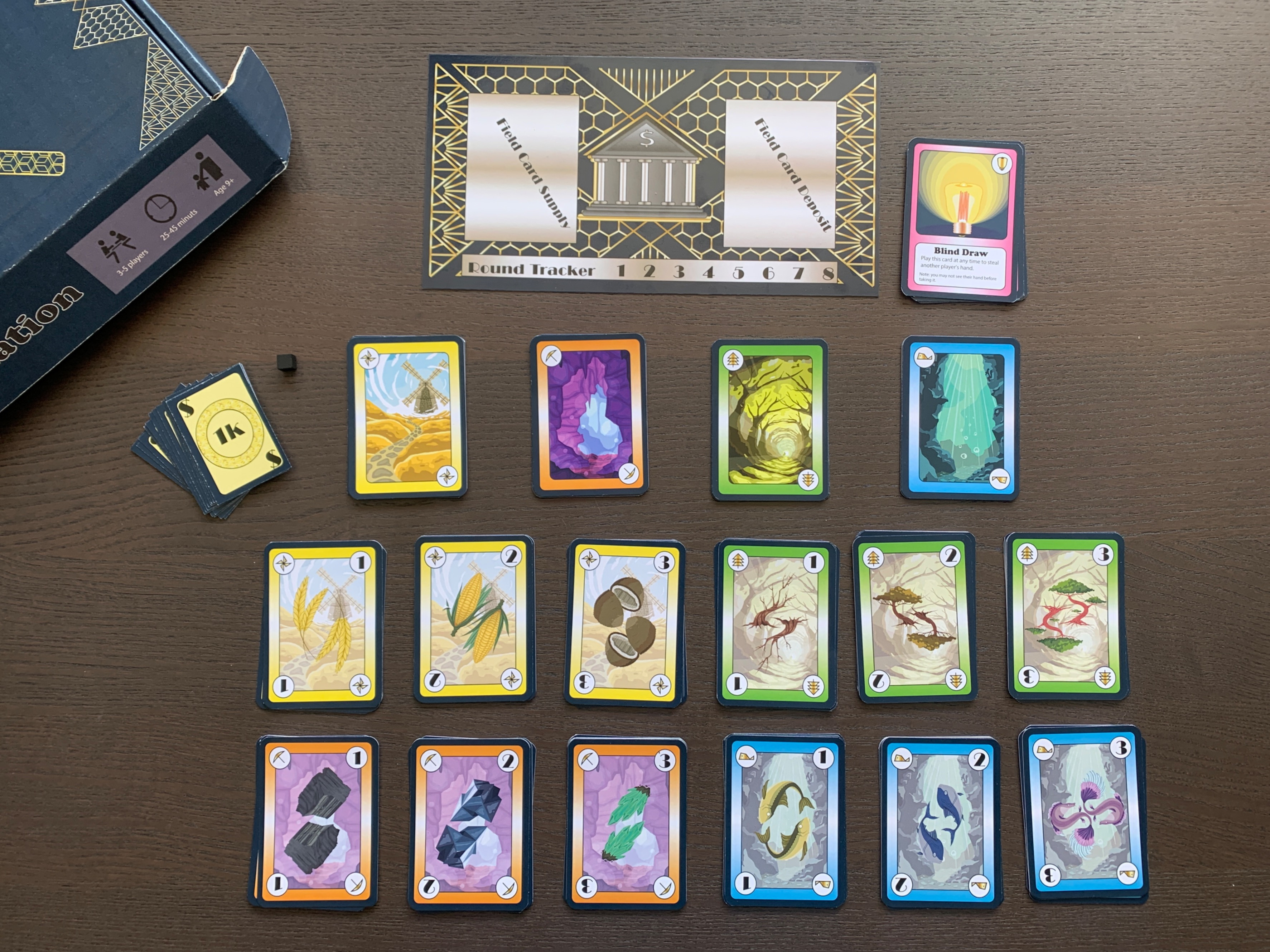 Contents of Speculation (board game) box - cards, bank placemat, and round tacker.